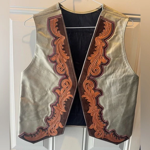 Leather Vest with Tooled Leather Design - Picture 1 of 6